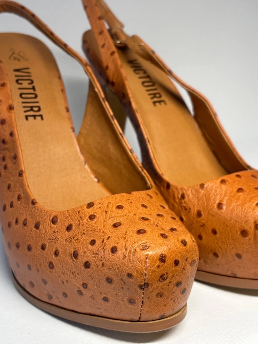 La Victoire Ostrich Embossed Leather Platform Slingback Heels Brown Size 6